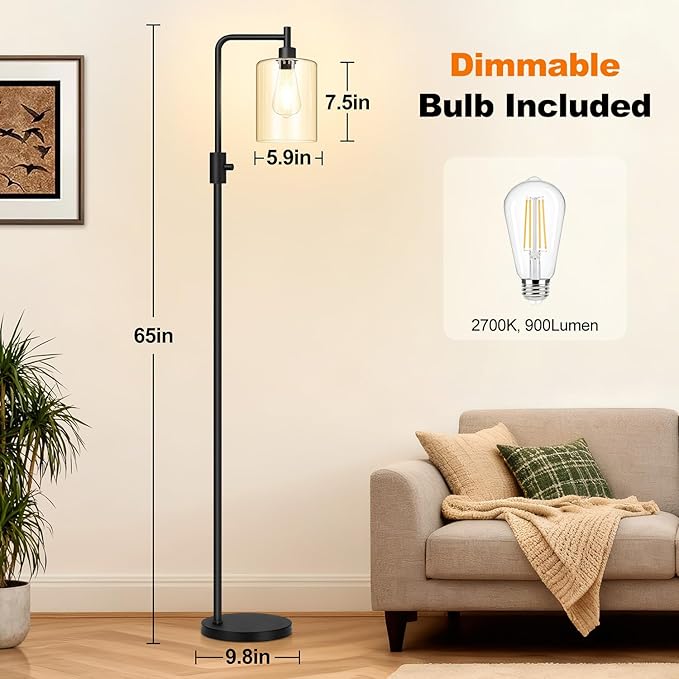 【Upgraded】Dimmable Floor Lamp for Living Room with Glass Shade, Black Modern Industrial Floor Lamp with 900LM LED Bulb Included, Bright Standing Tall Lamp for Bedroom, Office, Reading Room, Corner