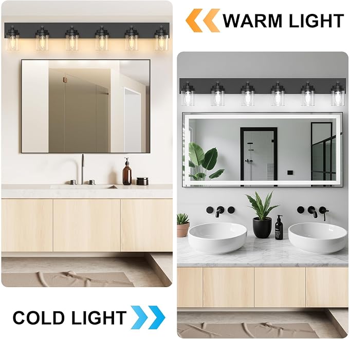 IZORRO Bathroom Vanity Light Fixture, 6-Light 46 Inch Matte Black Bathroom Light Fixtures Over Mirror, with Clear Glass Shade, Modern Farmhouse Vanity Lights, Rustic Restroom Lighting Fixtures