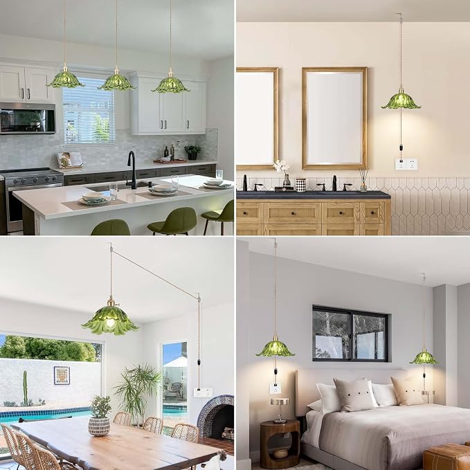 Plug in Pendant Light Fixtures,Hanging Light Fixture Corded On/Off Switch,11 inch E26 Green Glass Lampshade Pendant Lighting for Kitchen Island, Bedroom, Dining Room