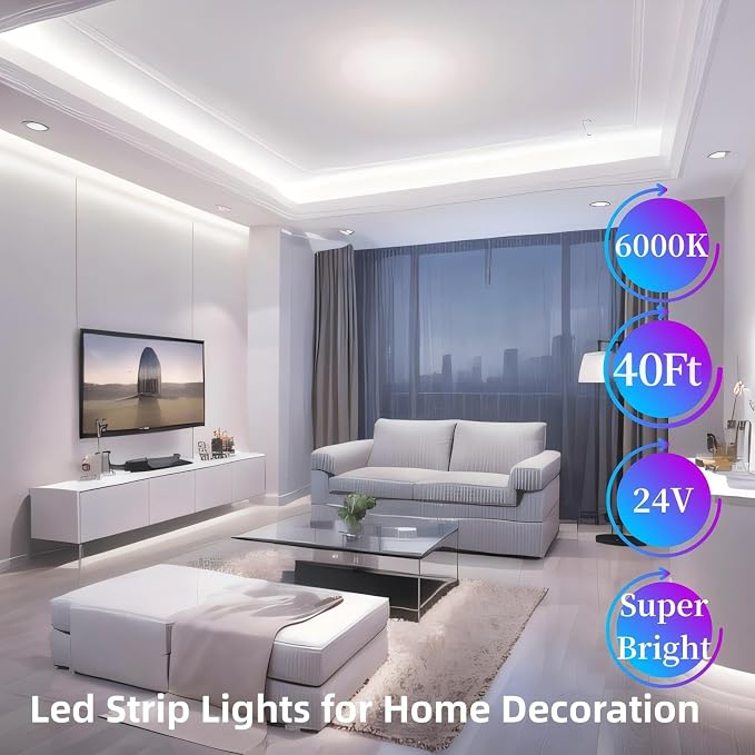 RadiantFlux 40ft 600Leds Super Bright White LED Strip Lights | 12V to 24V Upgraded, Cuttable LED Tape Lights, Flexible Dimmable, For Bedroom Living Room Kitchen Vanity Mirror