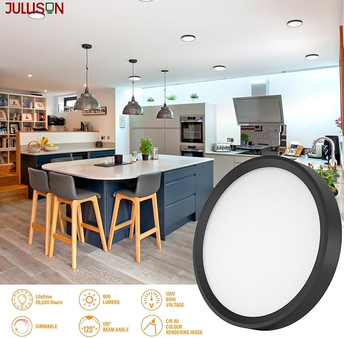 5 Inch Black Flush Mount Ceiling Light 5CCT Selectable LED Edgelit Slim Surface Mount Downlight for J-Box, Mini Flat Panel Light, Dimmable, 120VAC, 10W, 600LM, CRI90, ETL, Wet Rated, 4 Packs