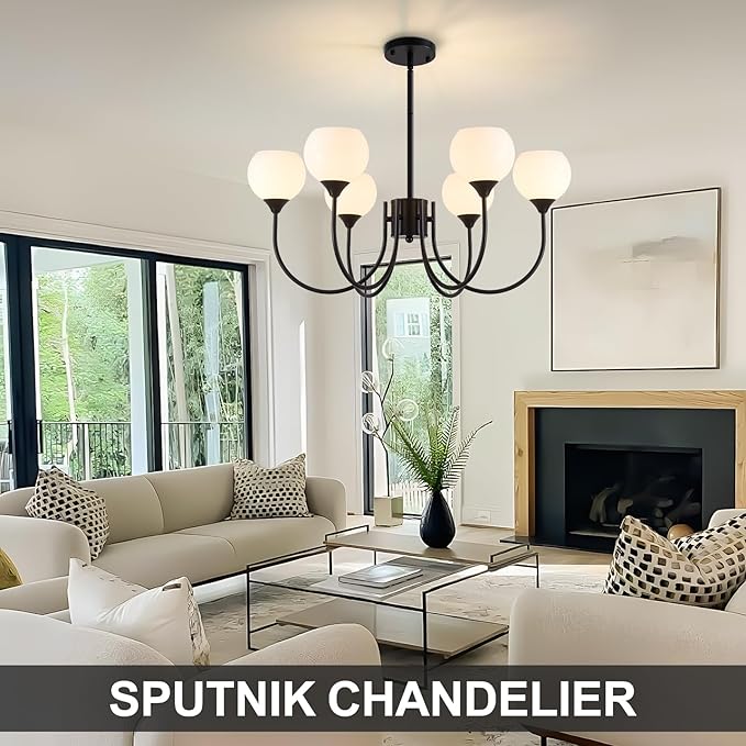 Mid Century Chandelier Light Fixture Black Sputnik Pendant 6 Lights, Modern Ceiling Light Fixture with Milk Glass Globe Adjustable for Dining Room Living Room Bedroom