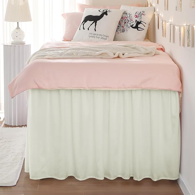RIMELA Dorm Bed Skirt Twin XL 42 Inch Drop, Easy to Install Extra Long Wrap Around Elastic Dust Ruffle, Cream Bedskirt Silky Fabric Machine Washable (Twin XL 80“L x 39”W & Twin 75“L x 39”W)