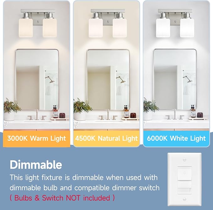 2 Light Brushed Nickel Vanity Light,Brushed Nickel Vanity Lights for Bathroom,Bathroom Light Fixtures Over Mirror,Wall Sconces for Living Room,Bedroom,Hallway(E26 Base)