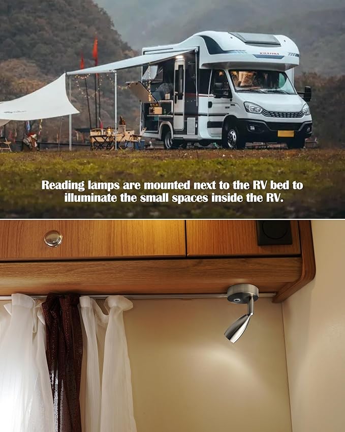 THALASSA Camper Reading Light RV 12V Fixtures Interior Lights Fixture Bedside Wall Sconce Indoor for Marine Caravan Van Brushed Nickel Small Lampholder Warm White LED 3W