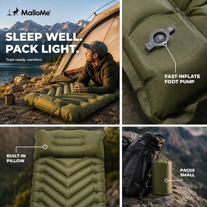 MalloMe Sleeping Pad for Camping, Camping Mattress - Bed for Outdoors Self-Inflating Air Mattress for Backpacking Leak-Resistant Inflatable Travel Mat w/Foot Pump Compact Ultralight Single & Double