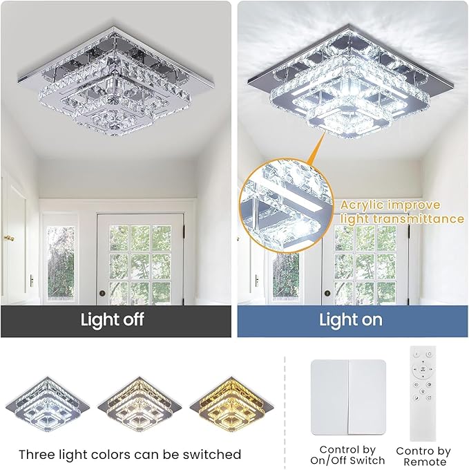 FRIXCHUR Crysta Chandelier LED Crystal Ceiling Light 2 Layers 12 inch Dimmable Flush Mount Ceiling Light Modern Chandeliers Lighting for Bedroom Hallway Staircase Kitchen Closet (3 Colors Change)