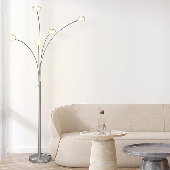 Brightech Orion Arc Floor Lamp for Living Room, Tree Floor Lamp with 5 Adjustable Arms, Multi-Head Standing Lamp with Flexible Rotating LEDs for Bedroom, Dorm - Bright Hanging Lighting - Satin Nickel