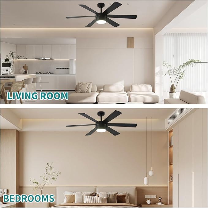 SHOWDI Ceiling Fan with Lights and Remote, 6 Blade App Control Timer Reversible Stepless Brightness and Color Temperature Outdoor Wood Ceiling Fan with Lights (Black, 56 Inch)