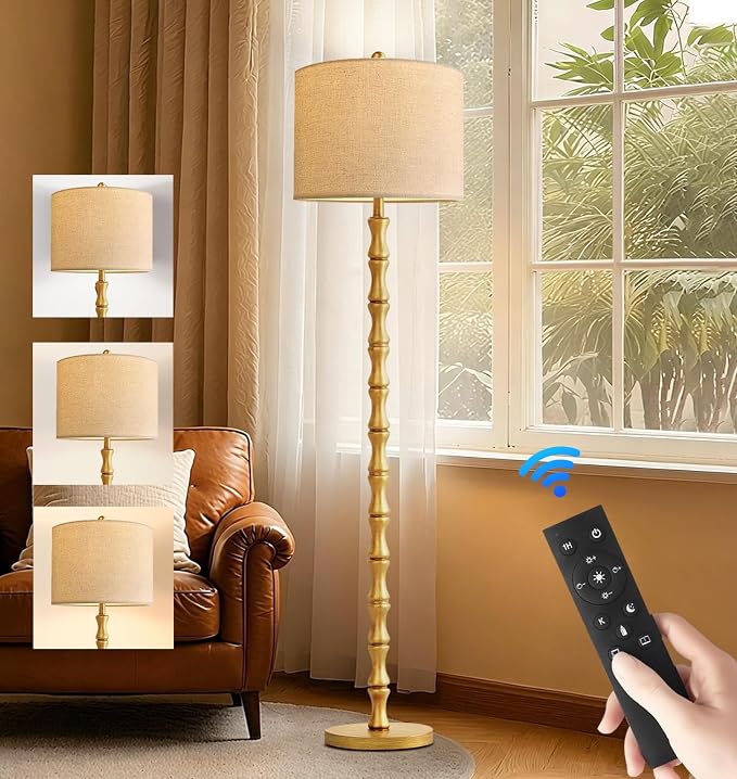 ILLMTW Gold Floor Lamp for Living Room,Bedroom,Mid Century Standing Lamp with Remote Dimmable,Vintage Tall Lamp Farmhouse Industrial Rustic Retro Floor Light Boho Bohemian