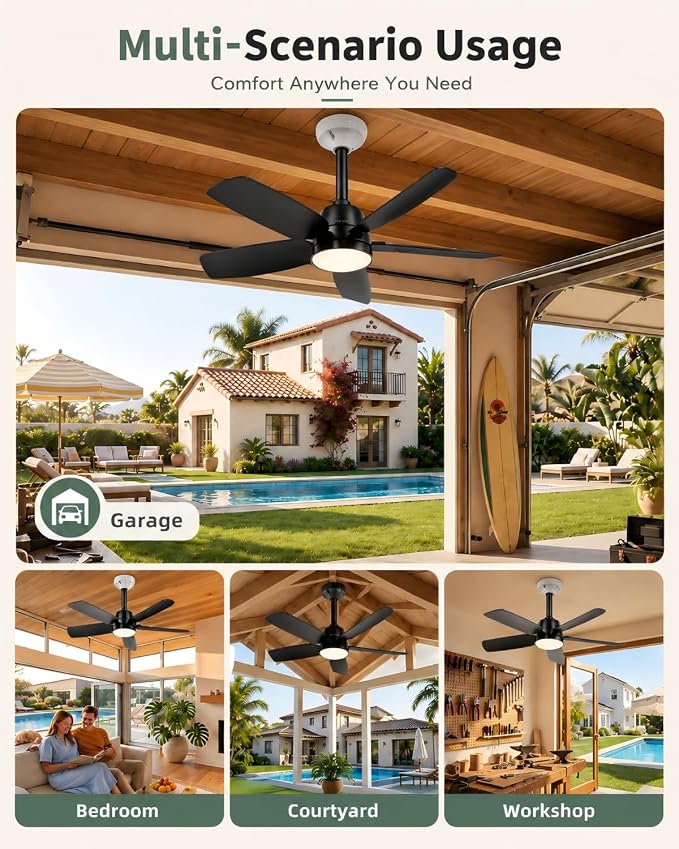 Ceiling Fan with Light, 28'' Flush Mount Low Profile Fan for Bedroom &Patio | Quiet Reversible DC Motor, 6-Speed, 3-Color Temp Dimmable LED Light with Remote & Timer, Indoor Small Ceiling Fan Black