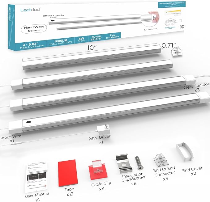 Hand Wave Under Cabinet LED Lighting Plug in, 10 Inch 4-Pcs Dimmable Linkable Ultra Thin Aluminum Alloy Housing, 4000K Natural White Motion Sensor Counter Lights for Kitchen, Shelf, Cupboard