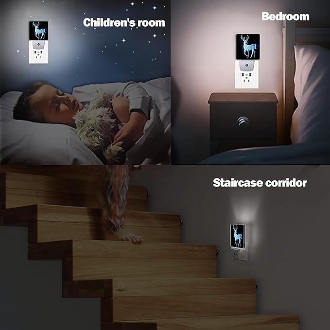 Blue Deer Night Light, Northern Lights Night Lights Plug into Wall Decor for Bedroom, Bathroom, Hallway, Kitchen, Dusk to Dawn Sensor Nightlights for Women Men Room Gifts