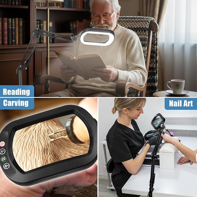 IVMAIE 10X Magnifying Glass with Light and Stand, Real Glass Lens, 5 Color Modes LED Dimmable Lighted, 3-in-1 Floor Lamp with Clamp, Hands Free Magnifier for Reading, Craft Close Work, Carbon Black