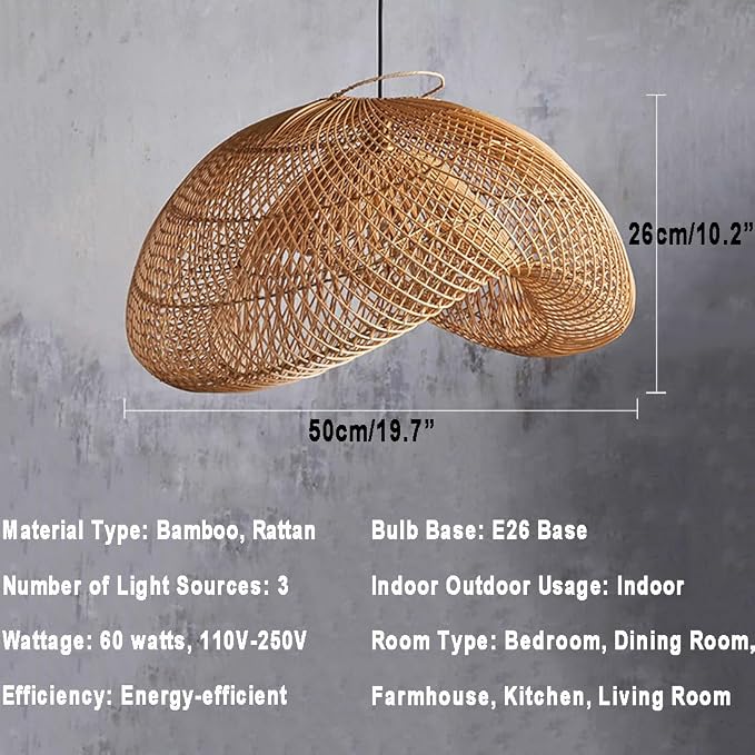 Organic Modern Bamboo Chandelier 19.7" Handmade Woven Wicker Pendant Light, Farmhouse Boho Rattan Light Fixture for Dining Room, Kitchen, Cafe, Bedroom Living Room