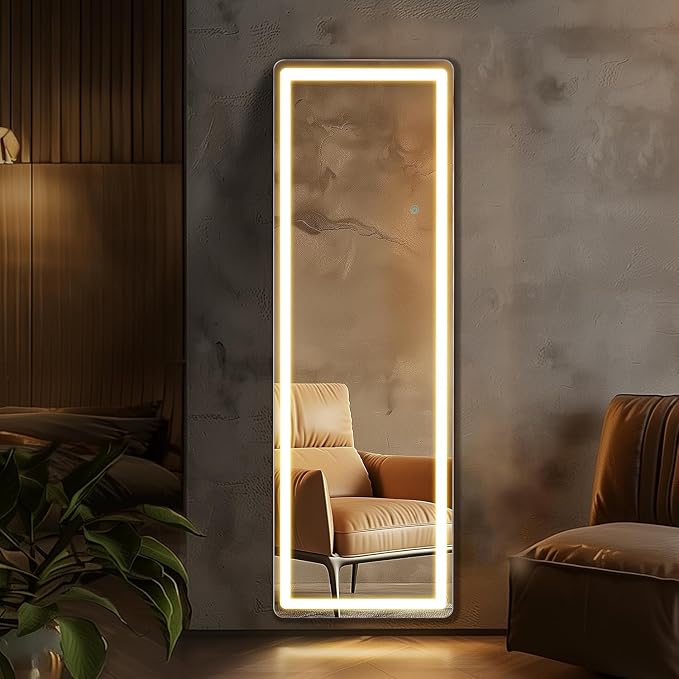 64x21 Lighted Full Body Mirror, Wall Mounted Mirror with 3 Color Lights | Floor Body Mirror with Stand, Hanging Mounted Design with Dimming for Dressing Room, Bedroom, Cloakroom and Daily Checks