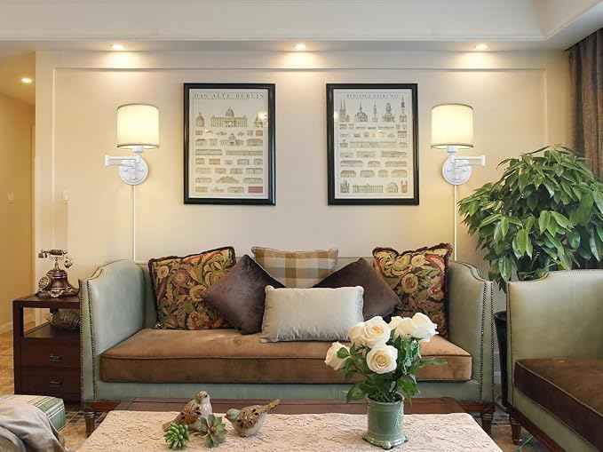 Plug in Wall Sconces with Remote Control, Dimming, Adjustable Colors 2700K-6500K, Hardwire or Plug-in, Swing Arm Wall Lamp, Wall Sconces Set of Two, White Fabric Shade, White Finish