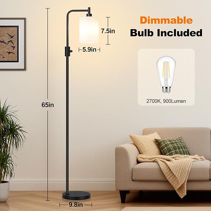 【Upgraded】 Dimmable Floor Lamp for Living Room with Opal Glass Lamphade, Black Modern Glass Floor Lamp with 900LM LED Bulb Included, Arc Standing Tall Lamp for Bedroom, Office, Reading Room, Corner