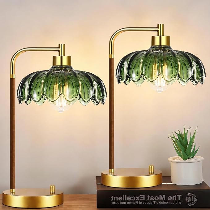 ILLMTW Vintage Table Lamp Set of 2 for Bedroom Living Room,Small Bedside Lamps Dimmable Boho Bedroom Lamp with Glass Green Flower LampShade,Mid Century Modern Mini Nightstand Lamp Gold Side Table Lamp