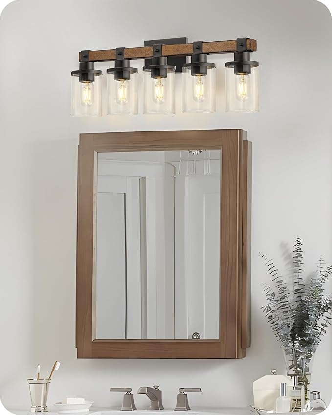 5-Light Bathroom Light Fixture, Farmhouse Vanity Lights for Bathroom with Glass Shade, Rustic Bathroom Light Fixtures, E26 Base F10BD05W1