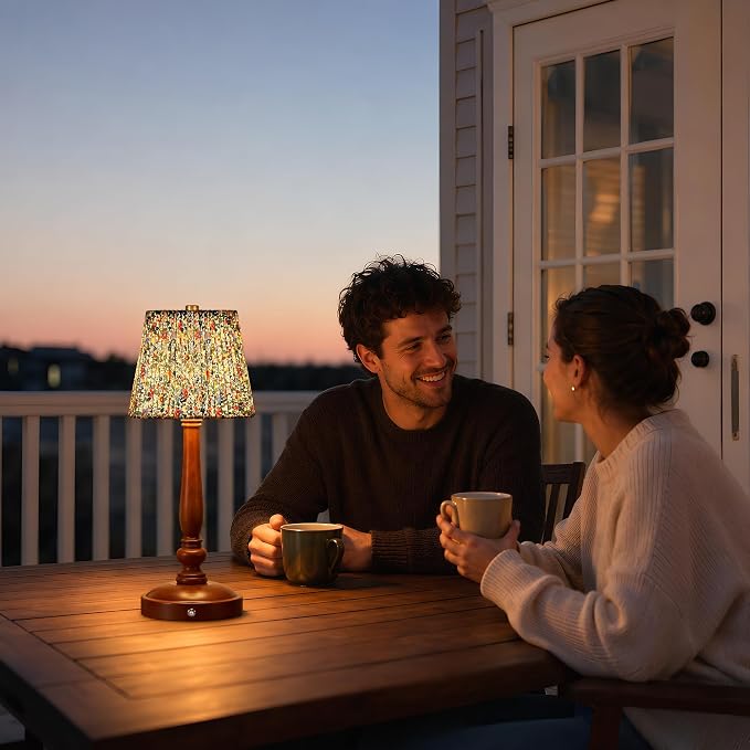15.5'' Wireless Table Lamp, 5400mAh Rechargeable Small Bedside Touch Lamp | Wood Base, Fabric Lampshade, Built-in LED, 3 CCT, Stepless Dimming, Memory Function, Nightstand Lamp for Bedroom, Living Room