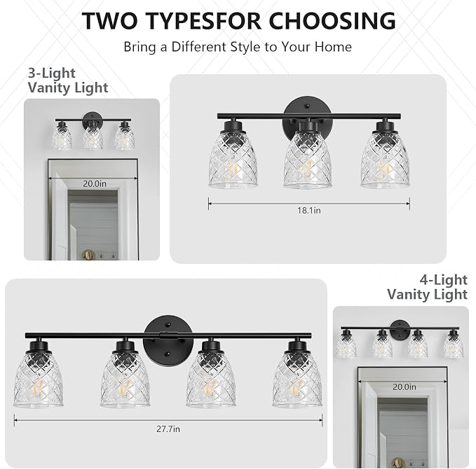 4-Light Vanity Light Over Mirror, Black Bathroom Light Fixtures | Modern Farmhouse Wall Sconces with Hammered Glass Lampshade for Kitchen Hallway Bedroom Living Room Cabinet Porch-27.5IN