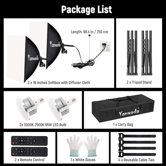 Softbox Photography Lighting Kit, 2 Pack 16"x16" Softbox Lighting Kit with Remote Control, 95W 3000K-7500K LED Bulb (CRI 97 & TLCI 97), Soft Box Lights for Video Recording/Live Stream/Portrait