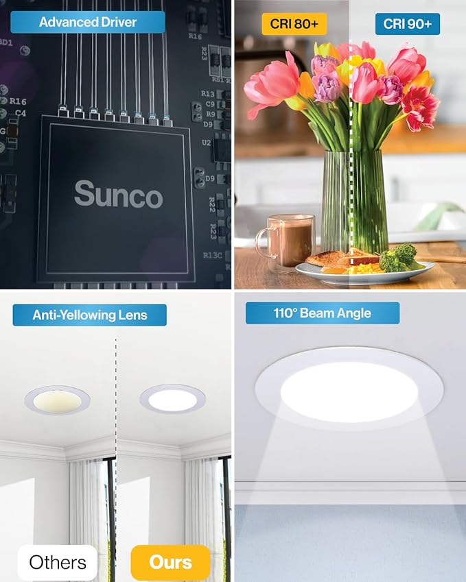 Sunco 24 Pack Recessed Lighting 6 Inch LED, Canless Ceiling Lights Slim with Junction Box, 850 LM, 14W (100W Equivalent), 6000K Daylight Deluxe, Dimmable, Wafer Thin, 50000 Lifetime Hours ETL.