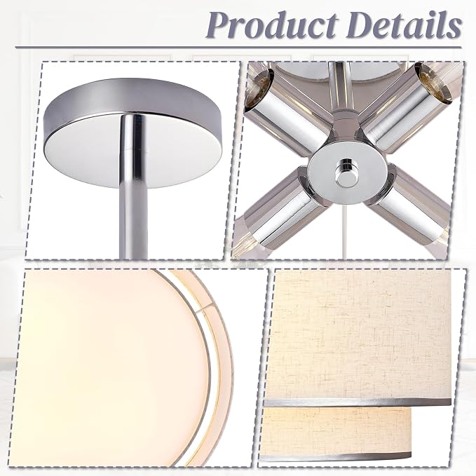 Hamilyeah 20 Inch Semi Flush Mount Ceiling Light, Dual Drum Fabric Shade Ceiling Light Fixture with Silver Metal Trim, Modern Ceiling Lamp for Bedroom, Living Room, Dining Room, Kitchen, Hallway