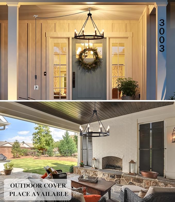 LASENCHOO Plug in Wagon Wheel Chandelier 8 Lights Dia 23.6" Black Round Farmhouse Chandeliers for Dining Room Light Fixture, Hanging Lights with Plug in Cord 16.4ft & Switch for Gazebo Hallway Foyer