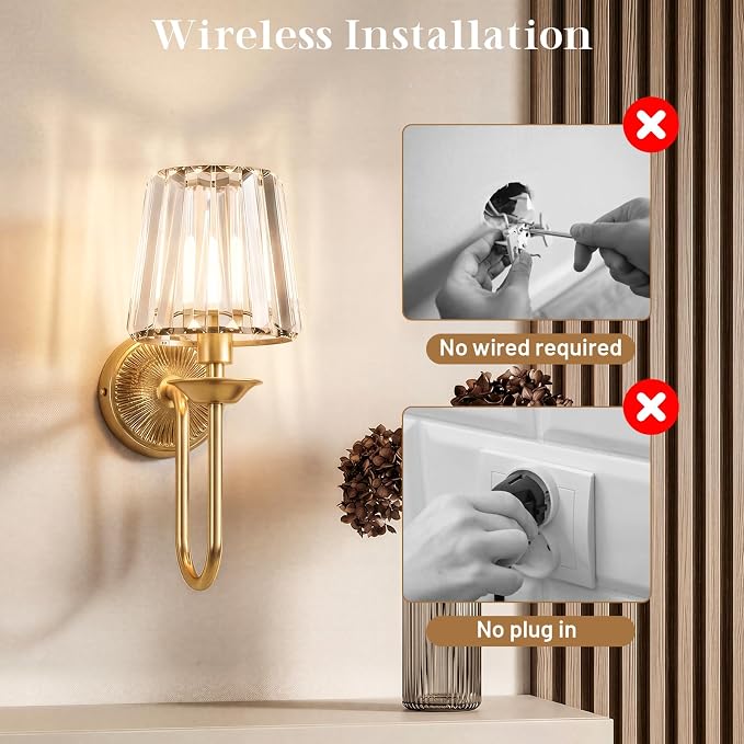 Gold Battery Operated Wall Sconces Set of Two, Crystal Wireless Rechargeable Wall Lights with Remote, Dimmable 3 CCT and 12 RGB Cordless Wall Lamps for Bedroom Living Room Hallway Decor