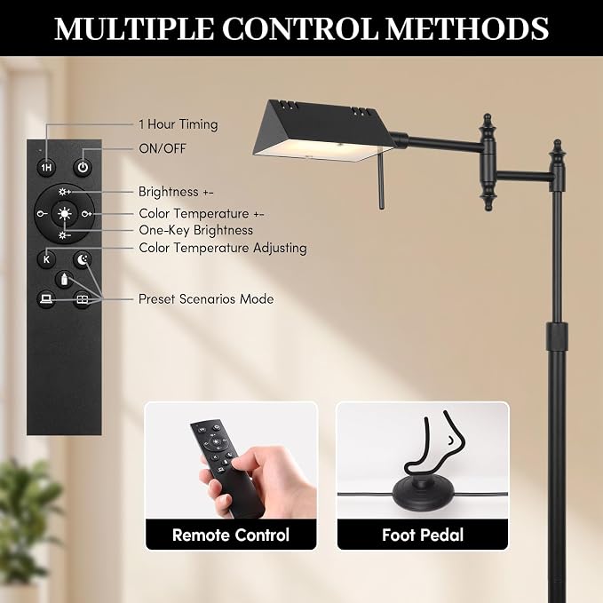 Bairth Black Reading Floor Lamp, Dimmable Pharmacy Standing Lamp | 3 Color Temperature, Dimmable, 17W LED, Height Adjustable, 360°Swing Arm, for Living Room, Bedroom, Office, Craft & Sewing