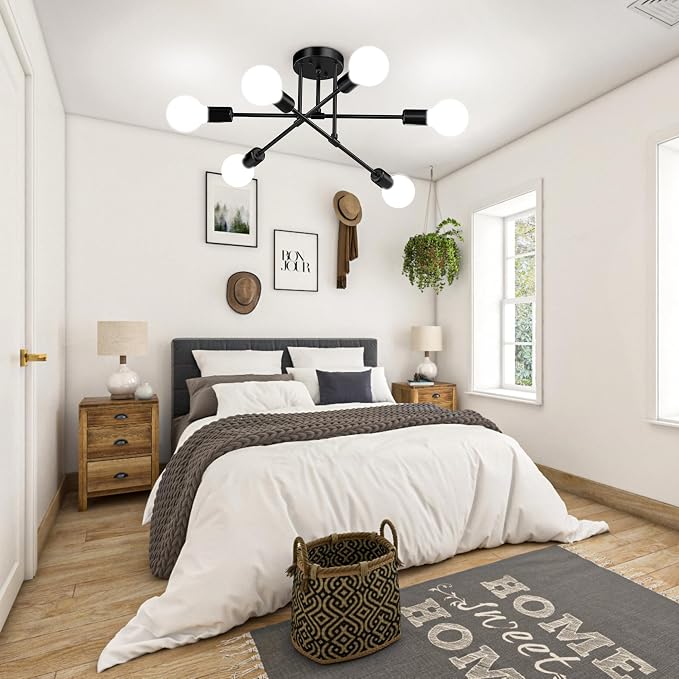 Modern Sputnik Chandelier Ceiling Light Fixtures, 6-Lights 22” Mid Century Industrial Metal Semi Flush Mount for Dining Room, Bedroom, Living Room, 6 Globe Bulbs