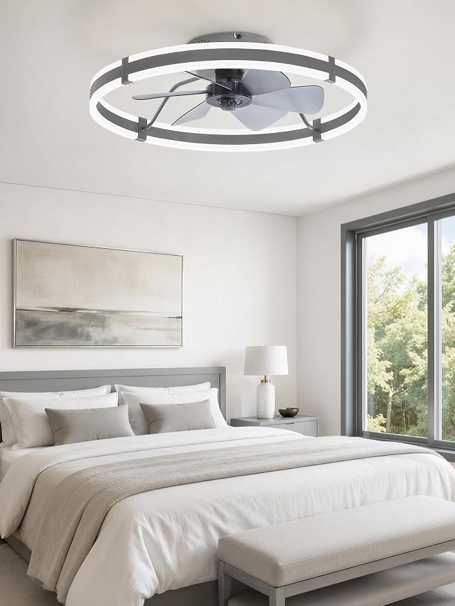 ZMISHIBO Low Profile 24'' Ceiling Fans with Lights and Remote, Gray | 3000-6000K Dimmable LED Fandelier, Quiet DC Motor, Reversible Airflow, 6 Wind Speeds, Timer, Bedroom, Living Room, Kitchen