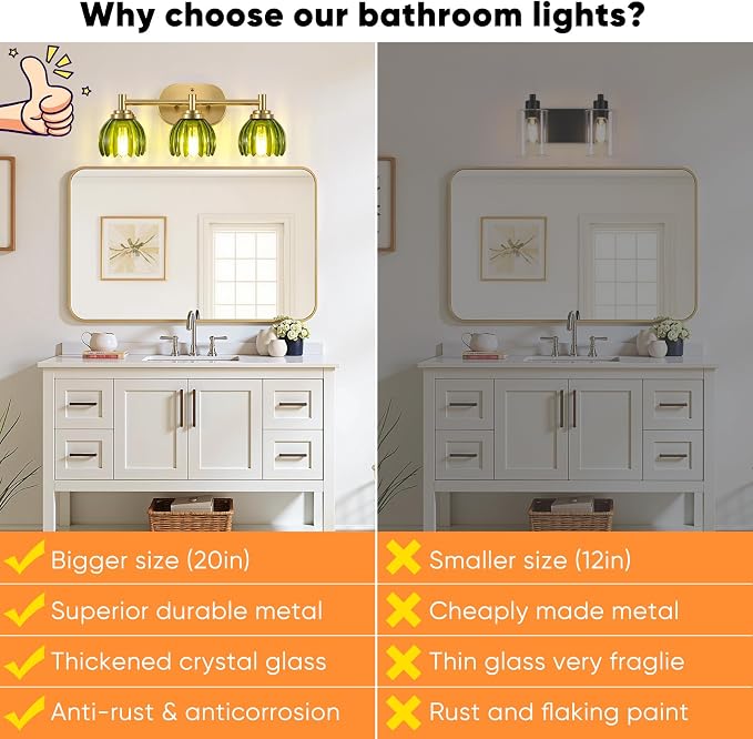 Bathroom Light Fixtures, 3-Light Brushed Gold Vanity Lights for Bathroom with Tulip Green Glass Shade, Bathroom Vanity Lighting Over Mirror, Gold Wall Lamps for Bedroom, Living Room, Hallway