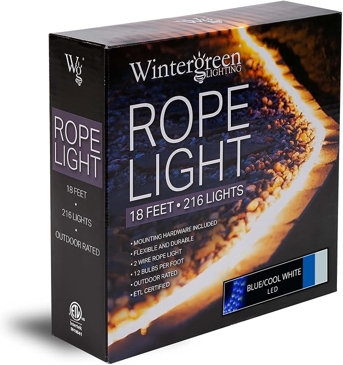 Wintergreen Lighting 18' Blue and Cool White LED Rope Light, Christmas Rope Lighting Outdoor Rope Lights LED Flexible Light Rope-120V, ½ Inch, 2-Wire