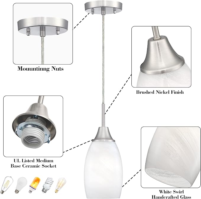 Viinew 3-Pack Glass Pendant Light,Mini White Swirl Glass Pendant Light | Handblown White Art Oval Glass Hanging Pendant Light for Kitchen Island Dining Room Living Foyer Brushed Nickel Finish