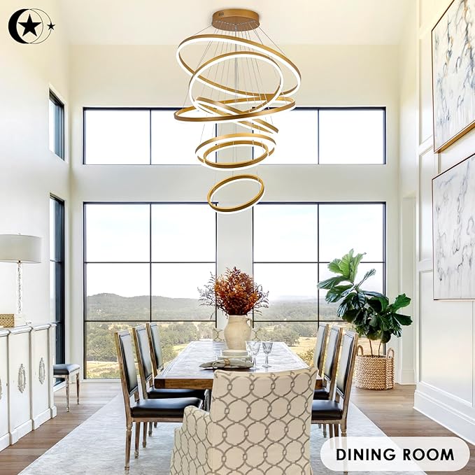 XGZL·LIGHTING 7-Rings Modern LED Chandelier Gold D31.5’’ Contemporary High Ceiling Foyer Chandeliers Large with Remote Entryway for Living Room Entrance Staircase, 3000K-6000K
