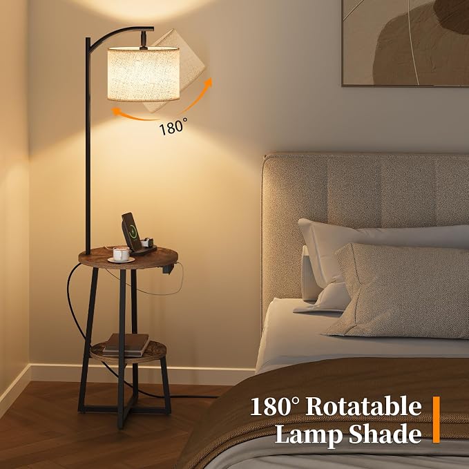 Yoobure Floor Lamp with Table - Farmhouse Night Stand with Charging Station | Side Table with Floor Lamps for Living Room, Bedroom, End Table with Lamp Attached 3 Color Temperatures Bulb, 2 Tier Shelves