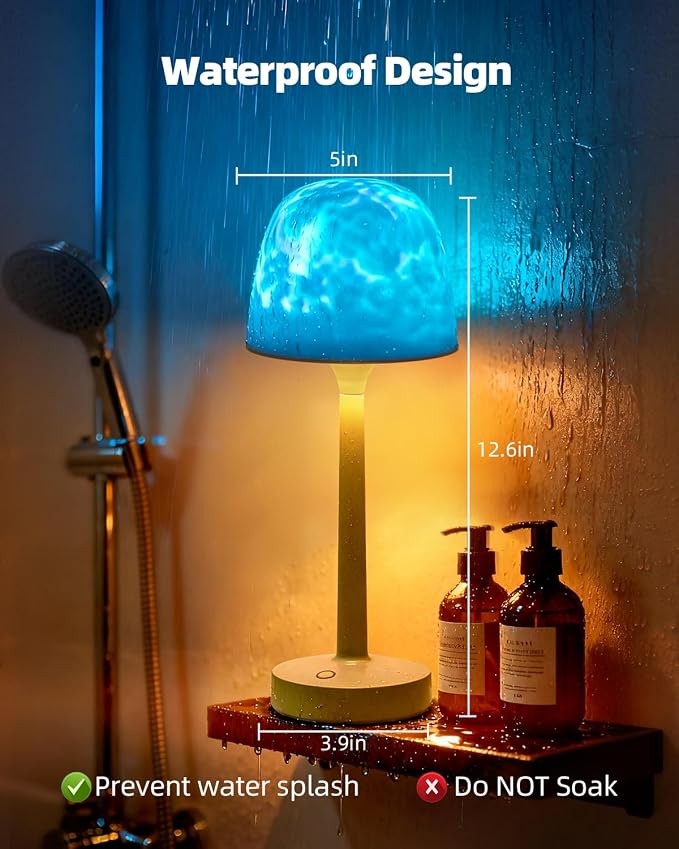 CHLORANTHUS Waterproof Shower Lamp, Ocean Wave Projector β Rechargeable Bathroom Night Light for Home Spa β 2-in-1 Cordless Table Lamp, 16 Colors Remote Touch Control β Relaxing Gifts Women & Kids
