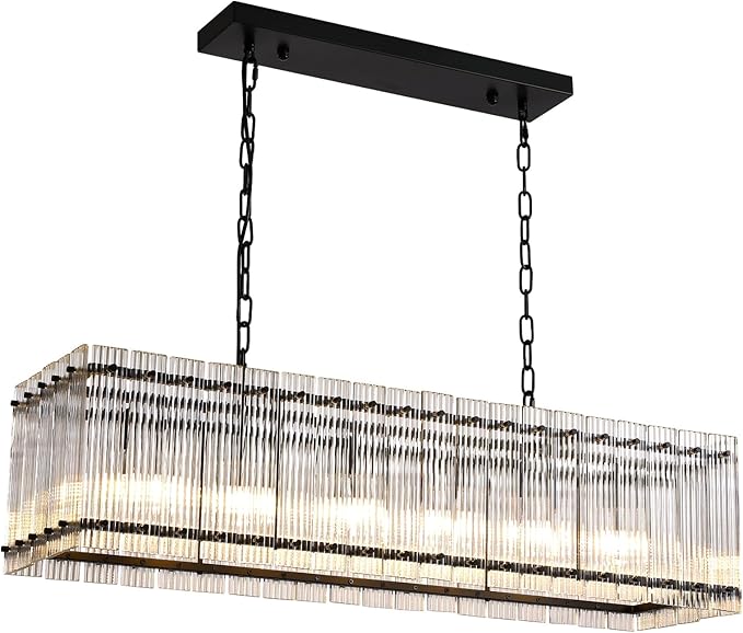 NOXARTE 40 Inch Modern Black Crystal Chandelier for Dining Room, 6-Lights Large Ribbed Glass Rectangle Chandelier Height Adjustable Rectangular Hanging Light Fixture for Living Room, Kitchen Island