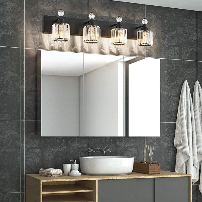 PRESDE Crystal 4- Light Vanity Light for Bathroom,Modern Matte Black Bathroom Lights Fixtures Over Mirror Wall Sconce