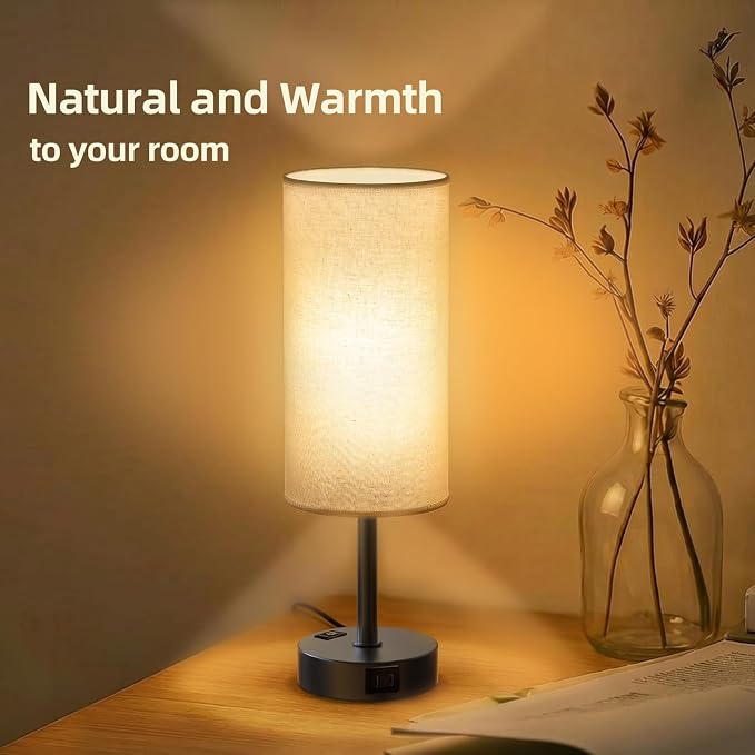 Table Lamp for Nightstand, High-Sensitivity Touch, 3-Level Dimmable Bedside Lamp with AC Outlet | USB | and USB-C, Ideal Night Stand Lamp for Bedroom, Reading, Living Room (Beige&Black)