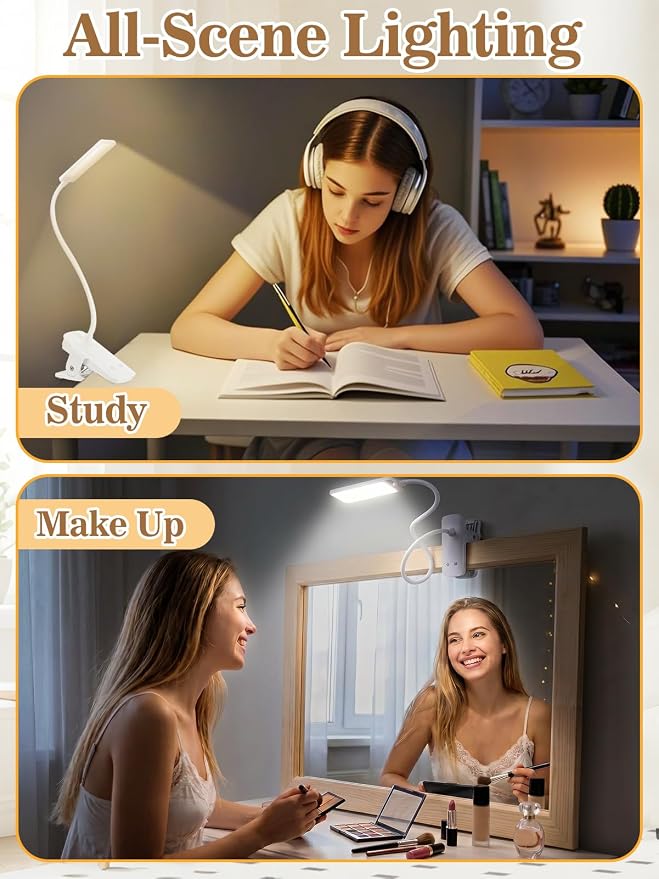 Eye Caring Clip on LED Bed Light 5 Color 5 Brightness Rechargeable Wireless | Flexible Neck Desk Lamp for College Dorm Essentials Reading