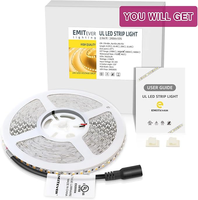 EMITEVER Warm White LED Strip Lights 3000K,16.4ft UL 24V Tape Light,600LEDs | Ra 95+,IP30,2.9W/ft,240+Lumens/ft,5 Year Warranty(Power Supply Sold Separately)for bedroom,living room,kitchen