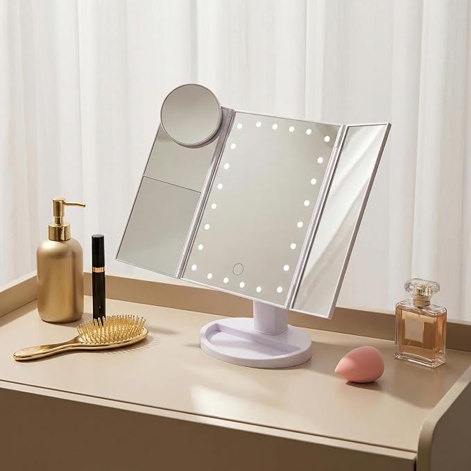 Ms. Pen- Tri-Fold Makeup Mirror Vanity with Lights, 9" x 13.6" | 1X/2X/3X/10X Magnification, 24 LED Touch Screen, Dual Power Supply, 180° Rotation