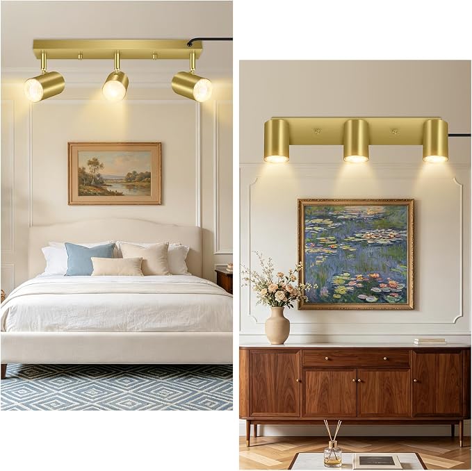 Plug-in Track Light Fixtures Ceiling Kit, 3 Head Track Lighting with 15ft Power Cord, GU10 Base 35W Max, Adjustable Spotlight for Kitchen, Bedroom, Office, Hallway, Gold Finish