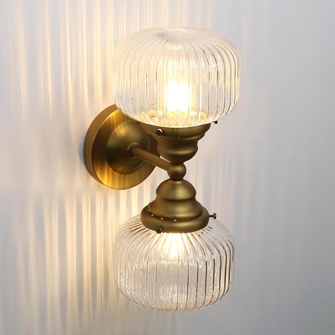 Pathson 2-Head Striped Globe Wall Sconces, 2-Lights Bathroom Vanity Light Over Mirror, Brass Vintage Bathroom Sconce Lamp for Living Room Bedroom Above Mirror