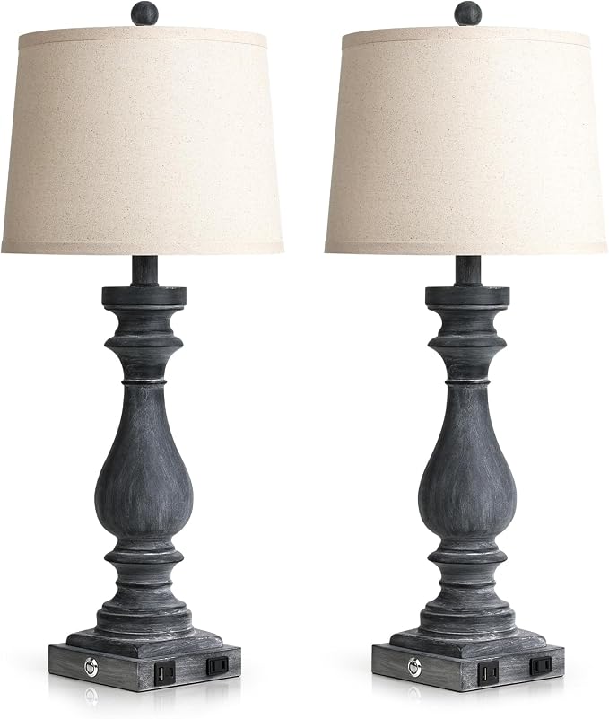 29" Tall Farmhouse Table Lamp for Living Room Set of 2,Vintage Retro Nightstand Lamps with USB C+A Ports & AC Outlet,3-Way Dimmable Touch Bedside Lamp for Bedroom Side Table,Distressed Black