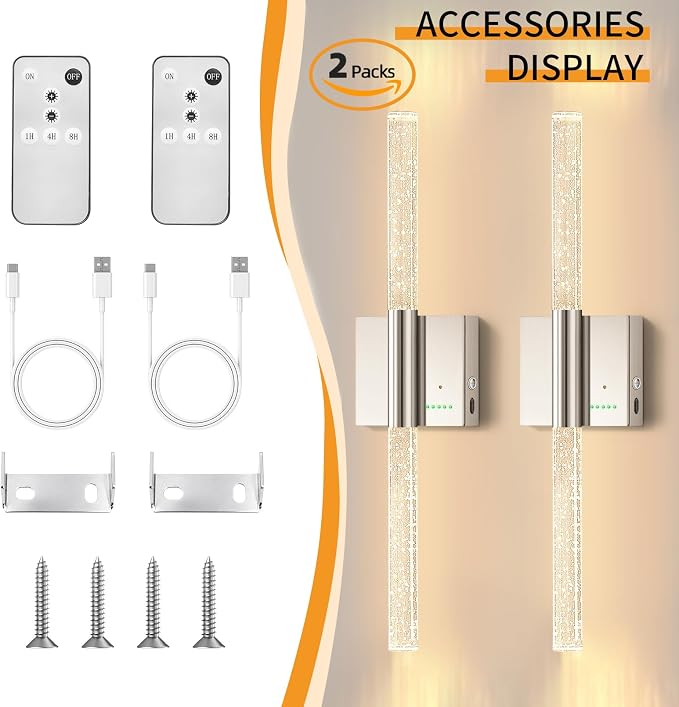 Battery Operated Wireless Wall Sconces, 2 Pack Dimmable Wall Lighting | Slypadan Extra Large Rechargeable Crystal-Inspired Bubble Modern LED Lantern for Indoor Corridor Entrance Hall, 28in Nickel